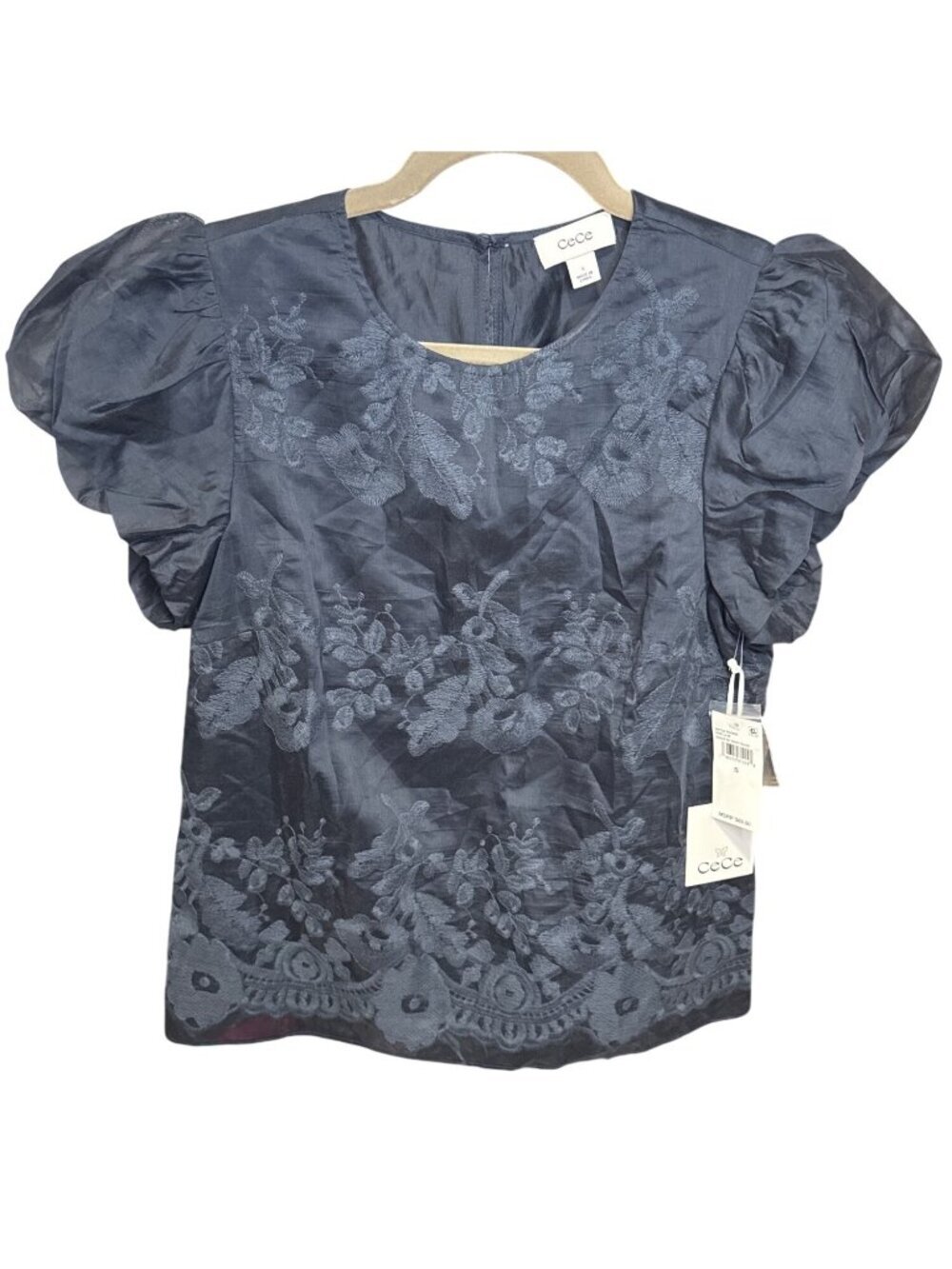 NWT CeCe Cest La Vie Night Shade Embroidered Puff Sleeve Blouse S MSRP $69